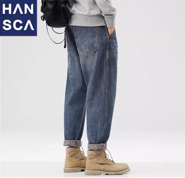 Hansca Navy Vintage American Loose Fit Straight Leg Jeans